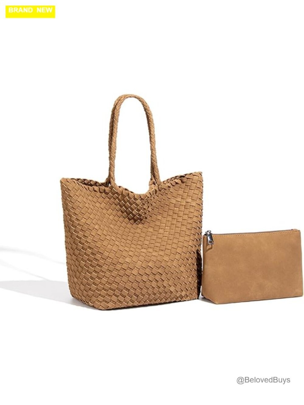 Handwoven Suede Tote Set with Matching Pouch, Soft Shoulder Bag